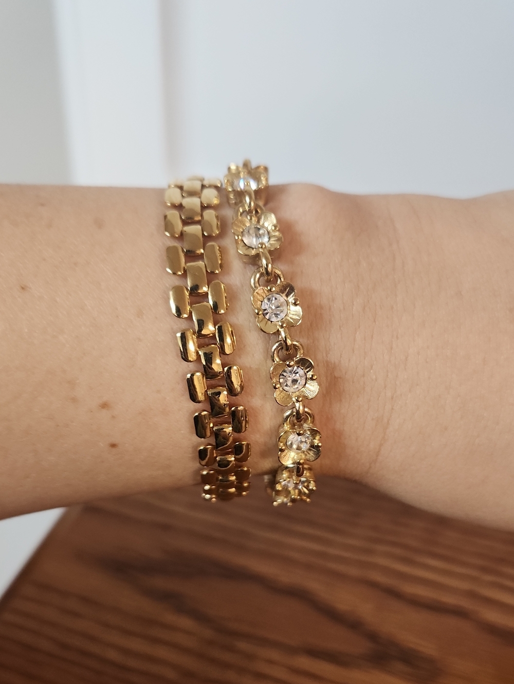Gold Floral Crystal and Link Bracelet Set